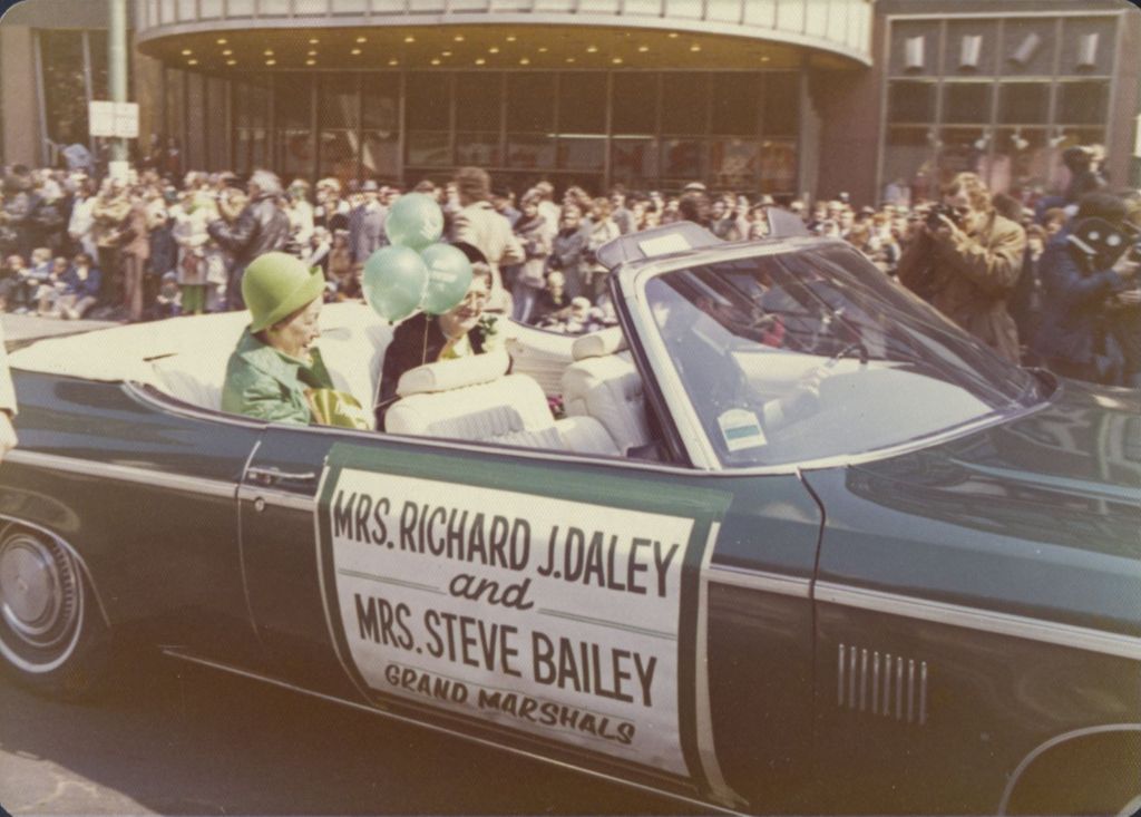 St. Patrick's Day parade car with Grand Marshalls Eleanor Daley and Mrs. S. Bailey
