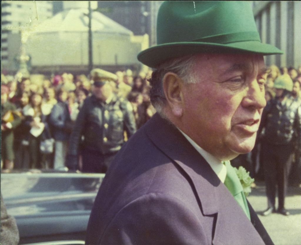 Richard J. Daley in green hat at St. Patrick's Day Parade