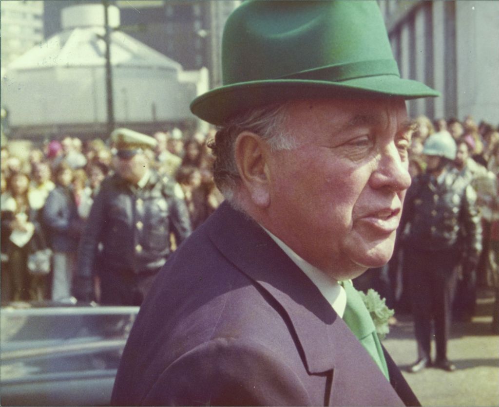 Richard J. Daley in green hat at St. Patrick's Day Parade
