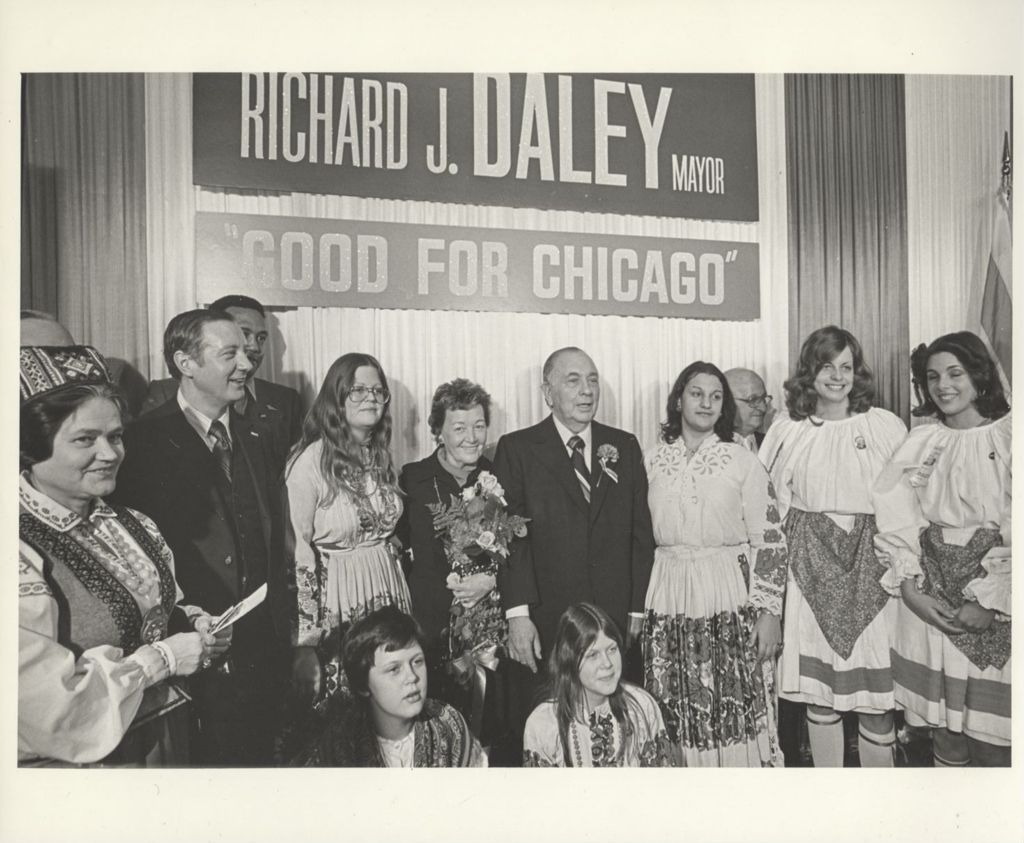 Miniature of Richard J. and Eleanor Daley with a group at a United Nationalities Citizens Committee campaign event
