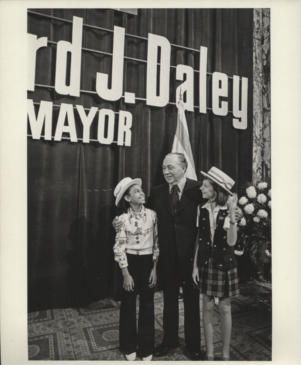 Miniature of Richard J. Daley with two young campaign supporters