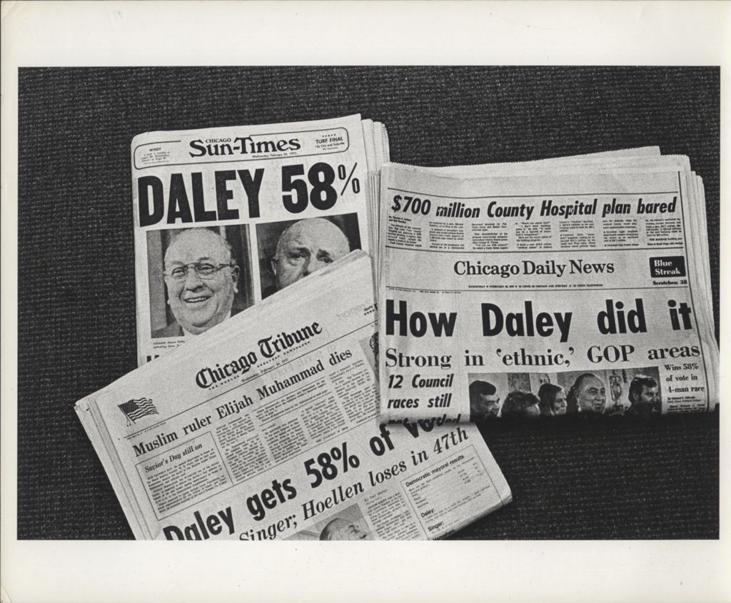 Newspaper headlines announcing Daley's re-election victory