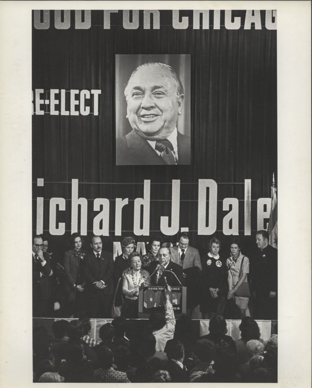 Eleanor Daley and Richard J. Daley at a podium on election night