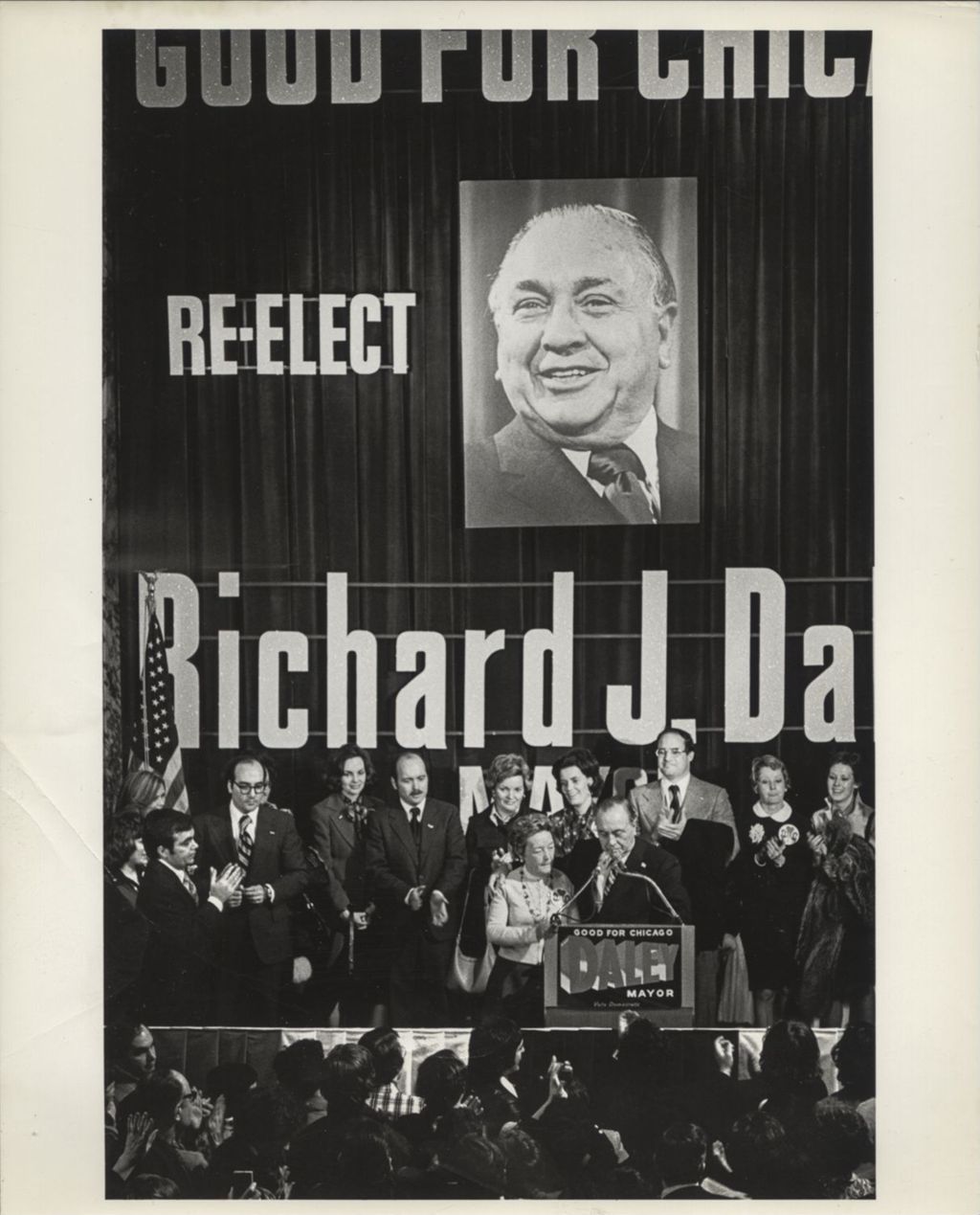 Miniature of Eleanor Daley and Richard J. Daley at a podium on election night