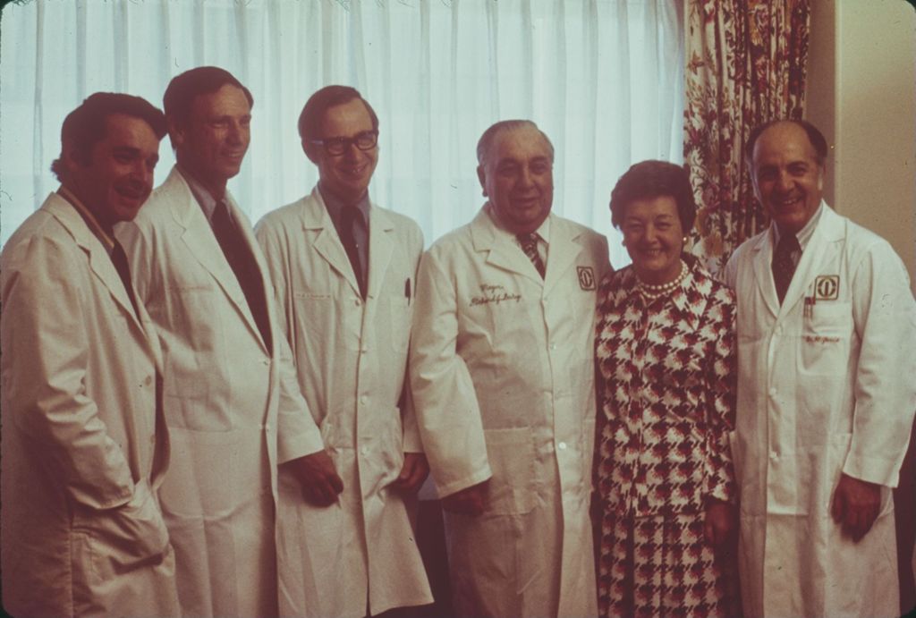 Miniature of Richard J. and Eleanor Daley with doctors at Rush-Presbyterian-St. Luke's Medical Center