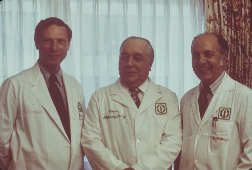 Miniature of Richard J. Daley with doctors at Rush-Presbyterian-St. Luke's Medical Center