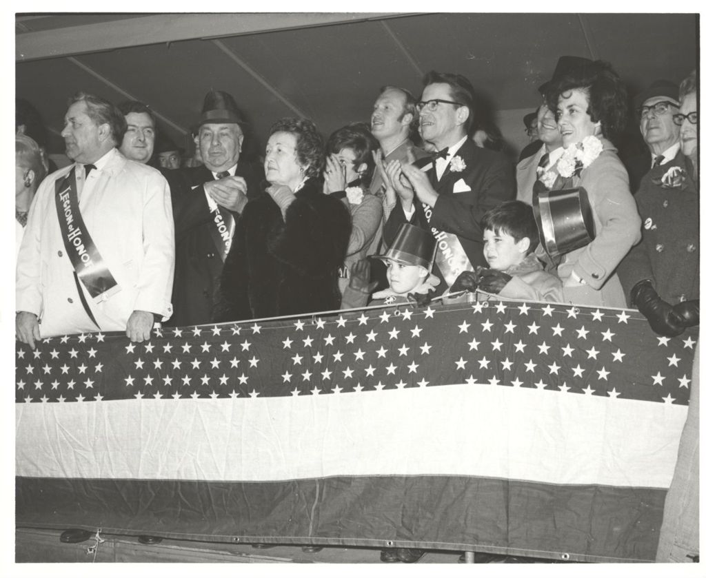 Saint Patrick's Day Parade reviewing stand, Eleanor and Richard J. Daley with others