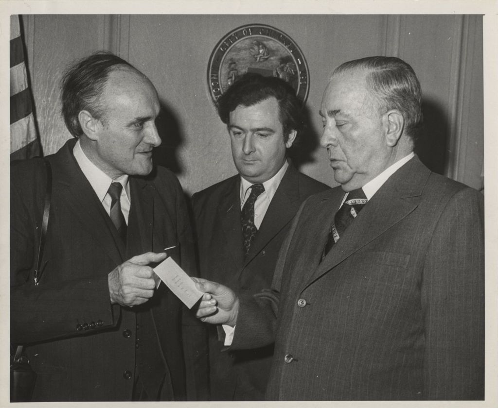 Miniature of Richard J. Daley with two Irish men