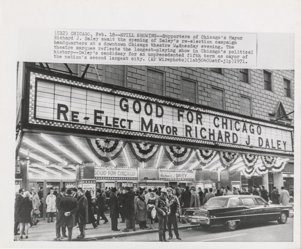 Miniature of Daley supporters await the opening of his re-election campaign headquarters at a downtown theatre