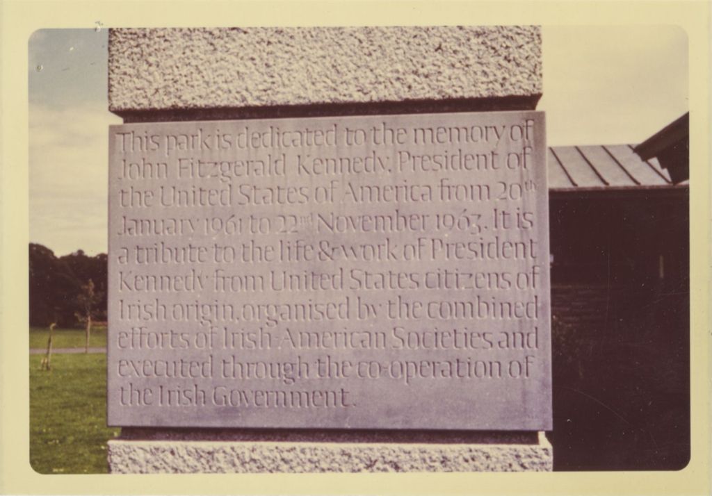 Plaque at park dedicated to John F. Kennedy, Ireland