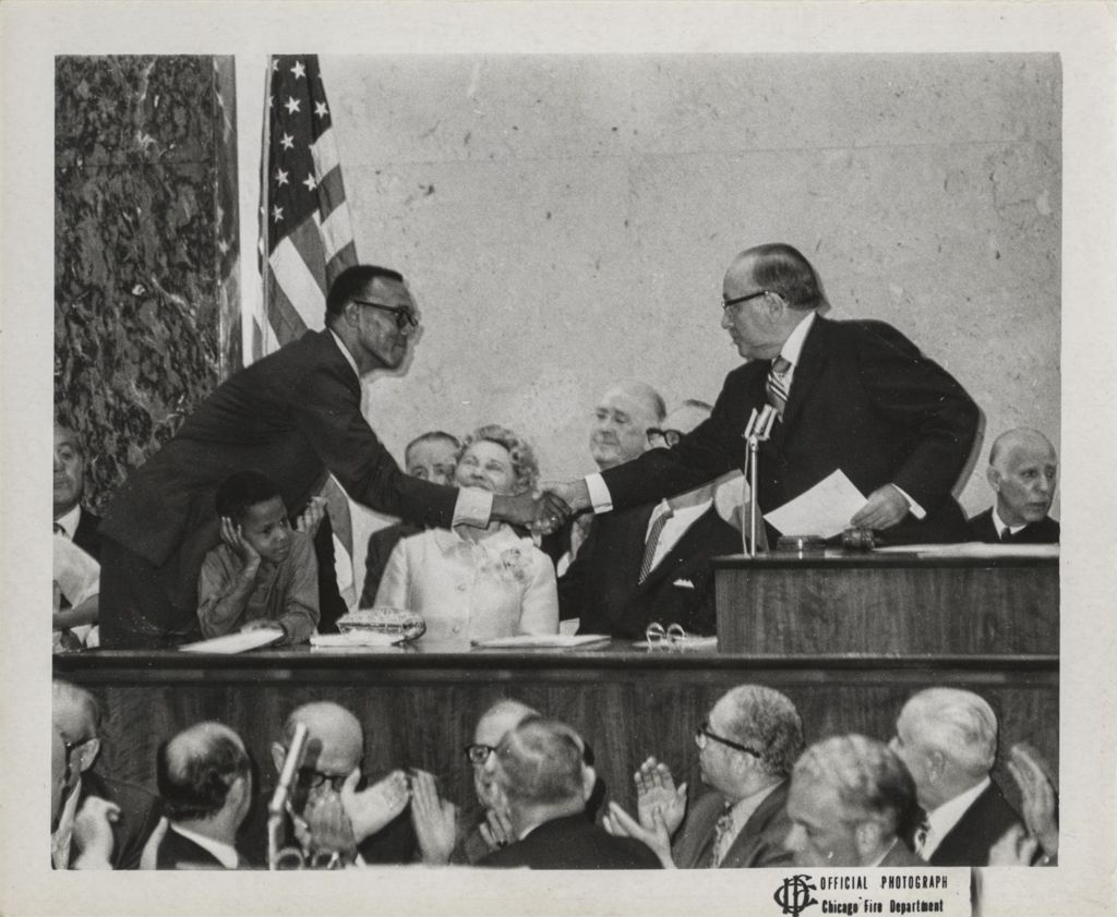 Miniature of Fifth mayoral inauguration, Richard J. Daley shaking hands with Joseph Bertrand