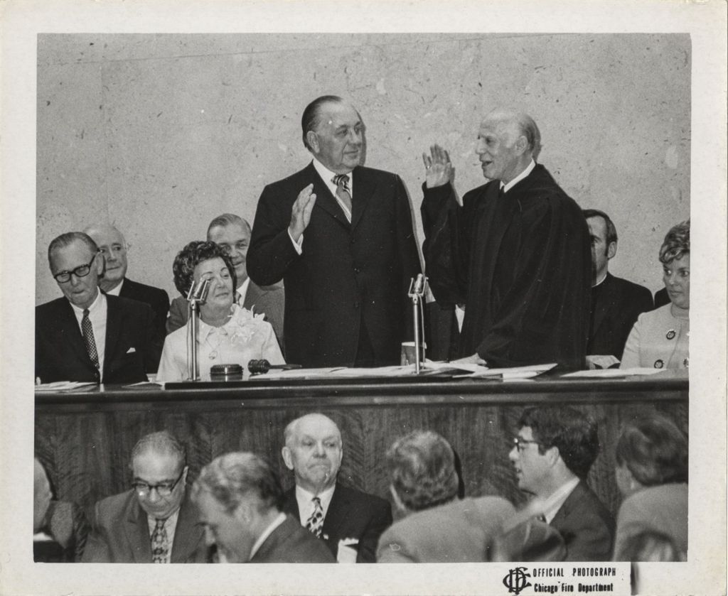 Miniature of Fifth mayoral inauguration, Judge Marovitz swearing in Richard J. Daley