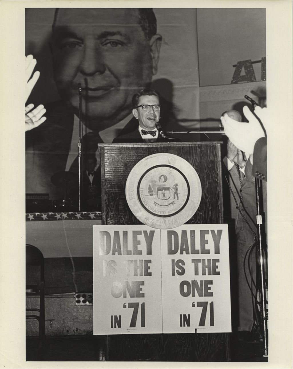 Miniature of Paul Simon speaking at Daley re-election rally at the Aragon Ballroom