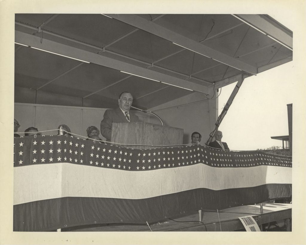 Miniature of Richard J. Daley speaking at the dedication of the Welles Park field house and pool