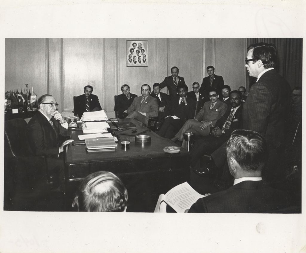 Miniature of Mayor Daley meeting with a group in his office about the "We Care" campaign