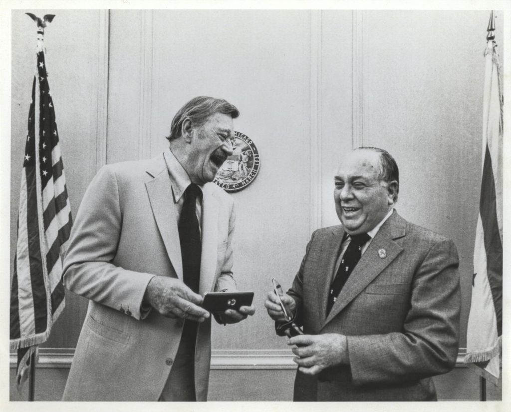 Miniature of John Wayne with Richard J. Daley at City Hall