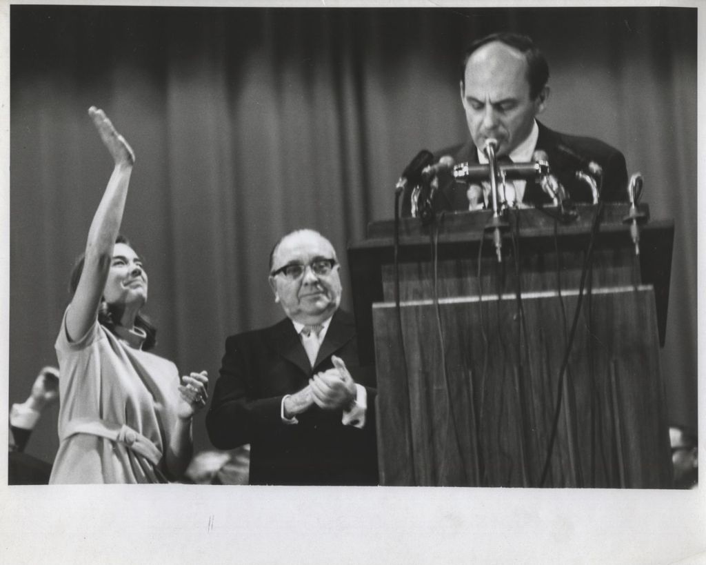 Miniature of Nancy Stevenson and Richard J. Daley applaud Adlai Stevenson III