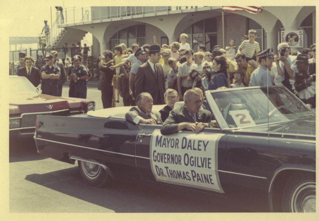 Miniature of Thomas O. Paine in a parade car with Richard J. Daley and Richard Ogilvie