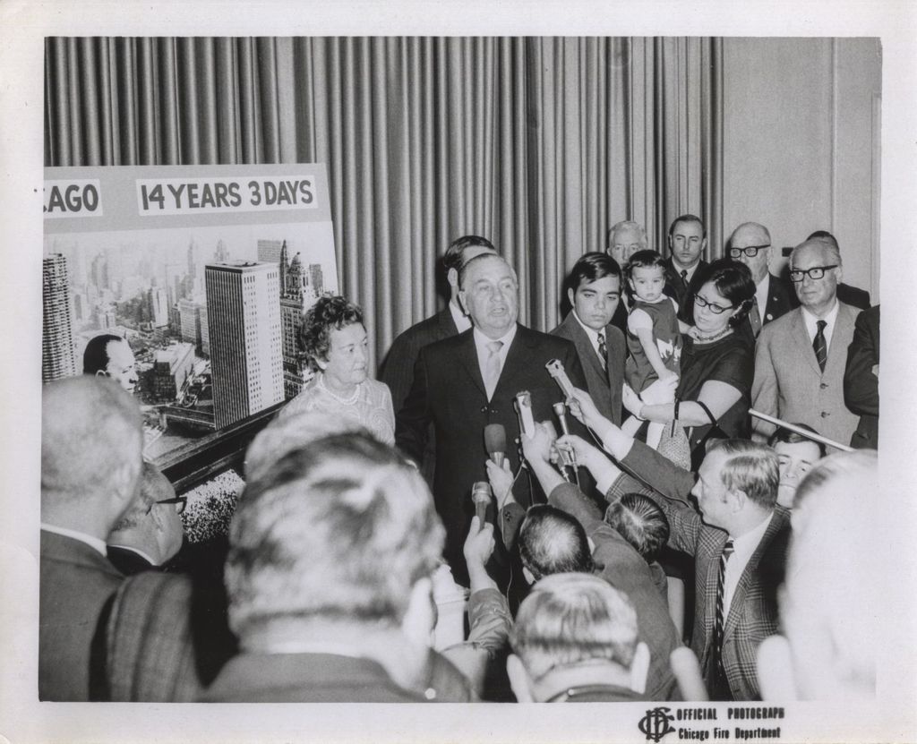 Miniature of Celebration of 14 years of Richard J. Daley's mayorship, speaking with reporters