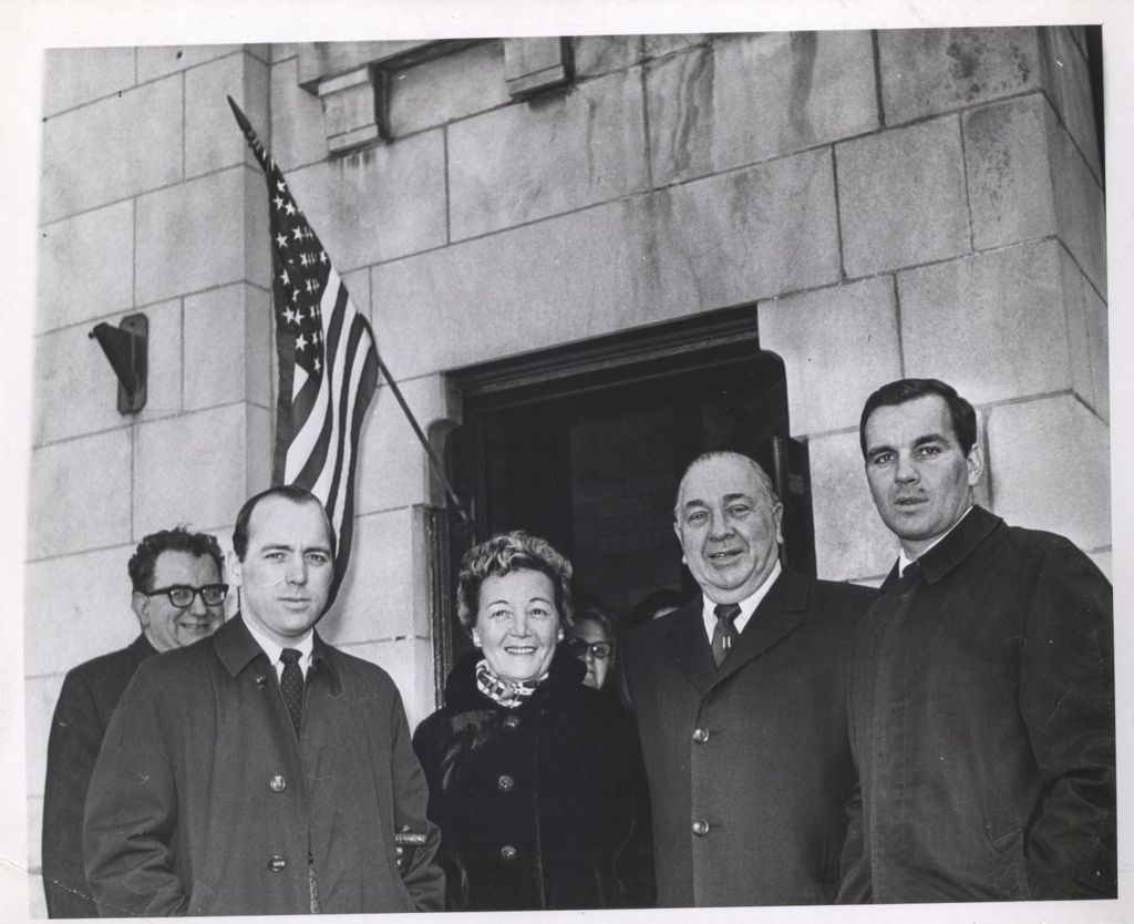 Richard J. Daley and family outside 11th Ward polling place on Election Day