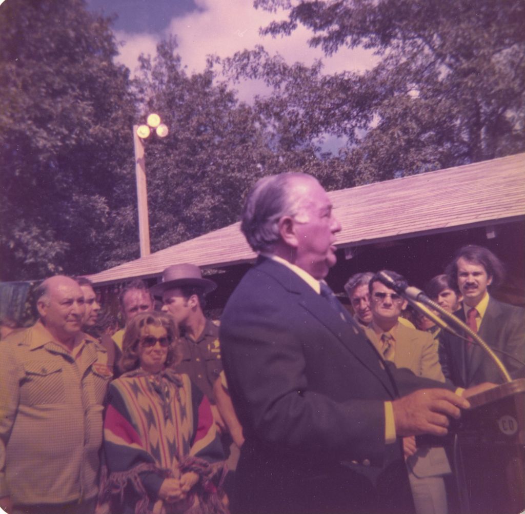 Miniature of Richard J. Daley speaking at an outdoor podium