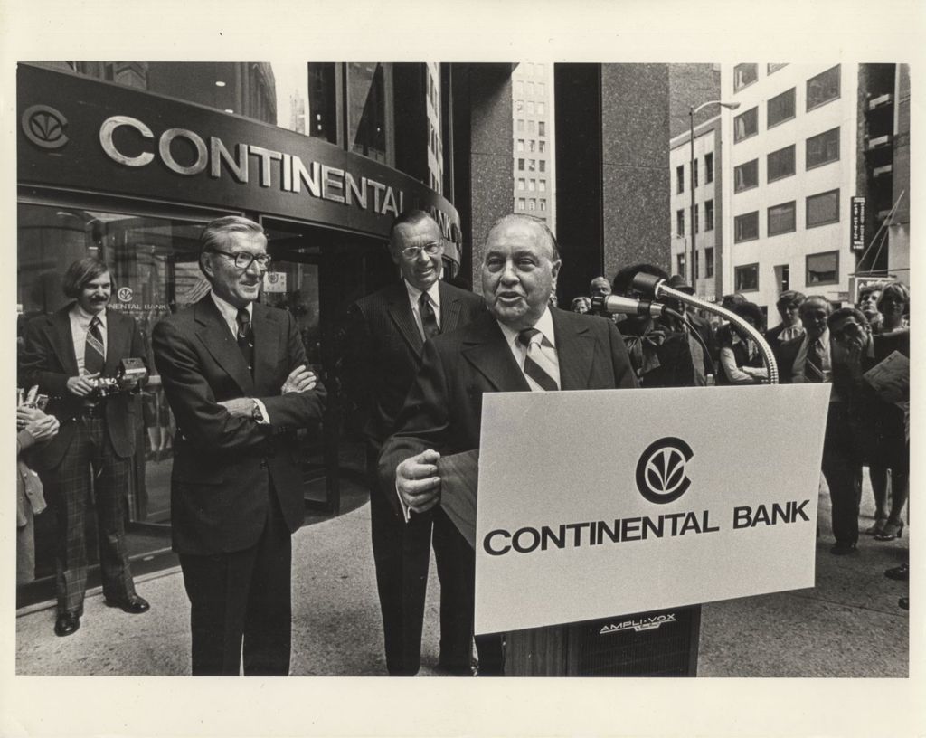 Richard J. Daley giving a speech in front of the Continental Bank
