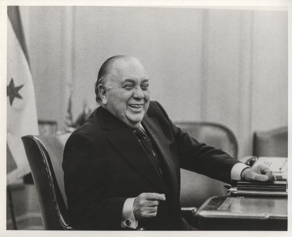 Portrait of Richard J. Daley at press conference in his City Hall office