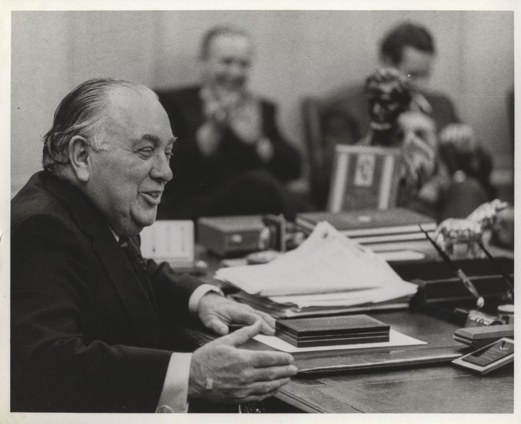 Miniature of Richard J. Daley at press conference in his City Hall office