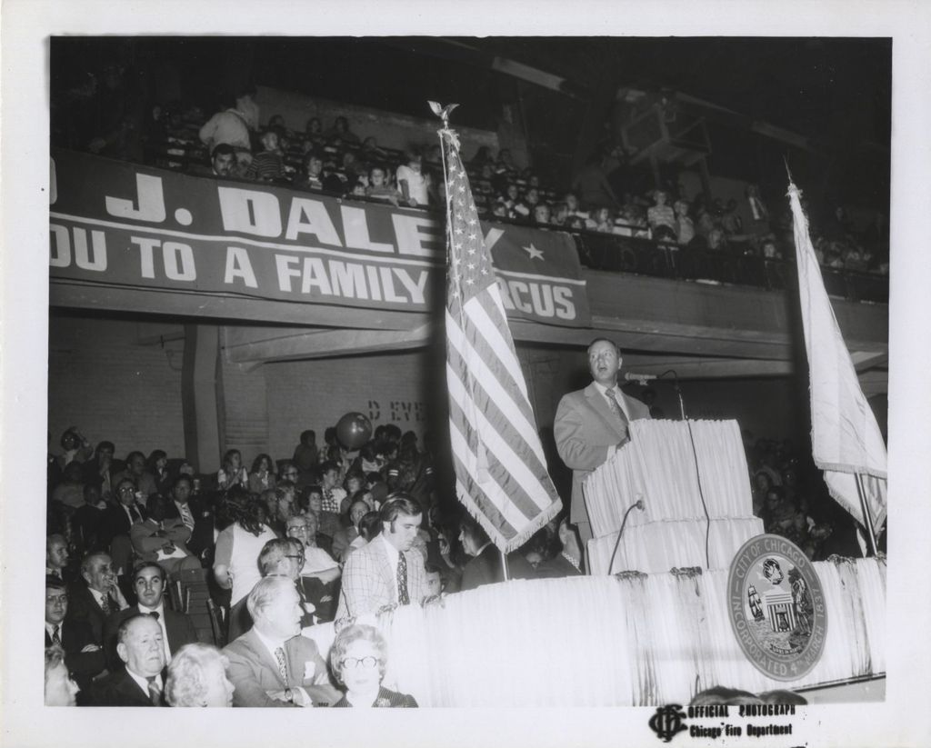 Miniature of Daley "Family Circus" re-election campaign rally, Michael Bilandic speaking