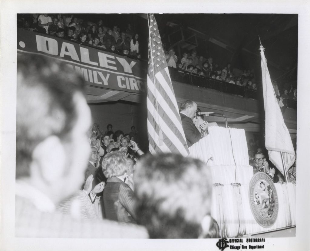 Miniature of Daley "Family Circus" re-election campaign rally, Richard J. Daley at podium