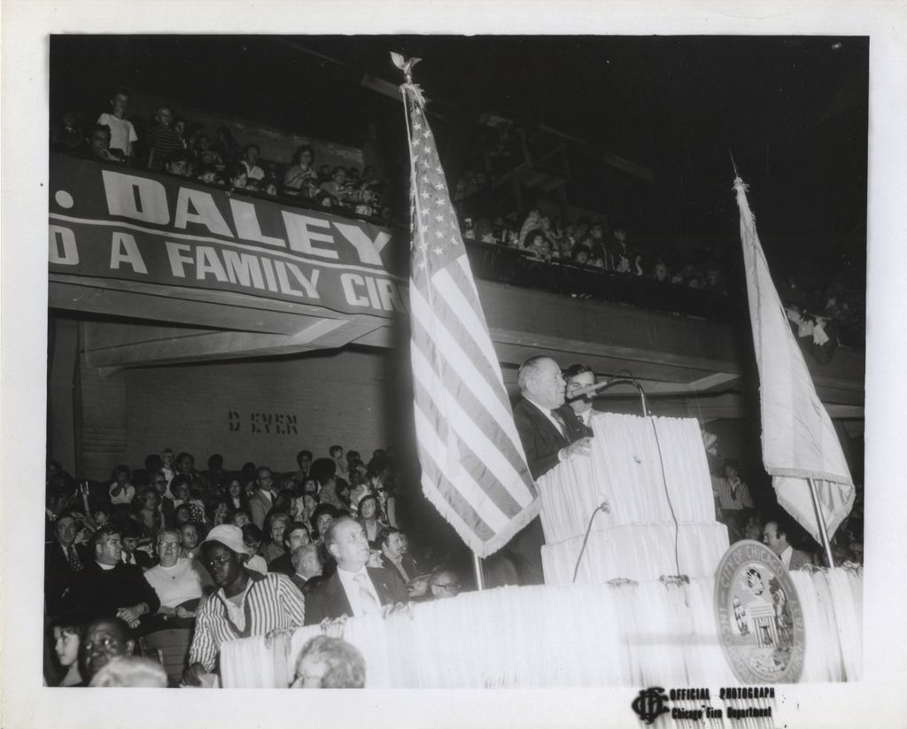 Miniature of Daley "Family Circus" re-election campaign rally, P. J. Cullerton speaking