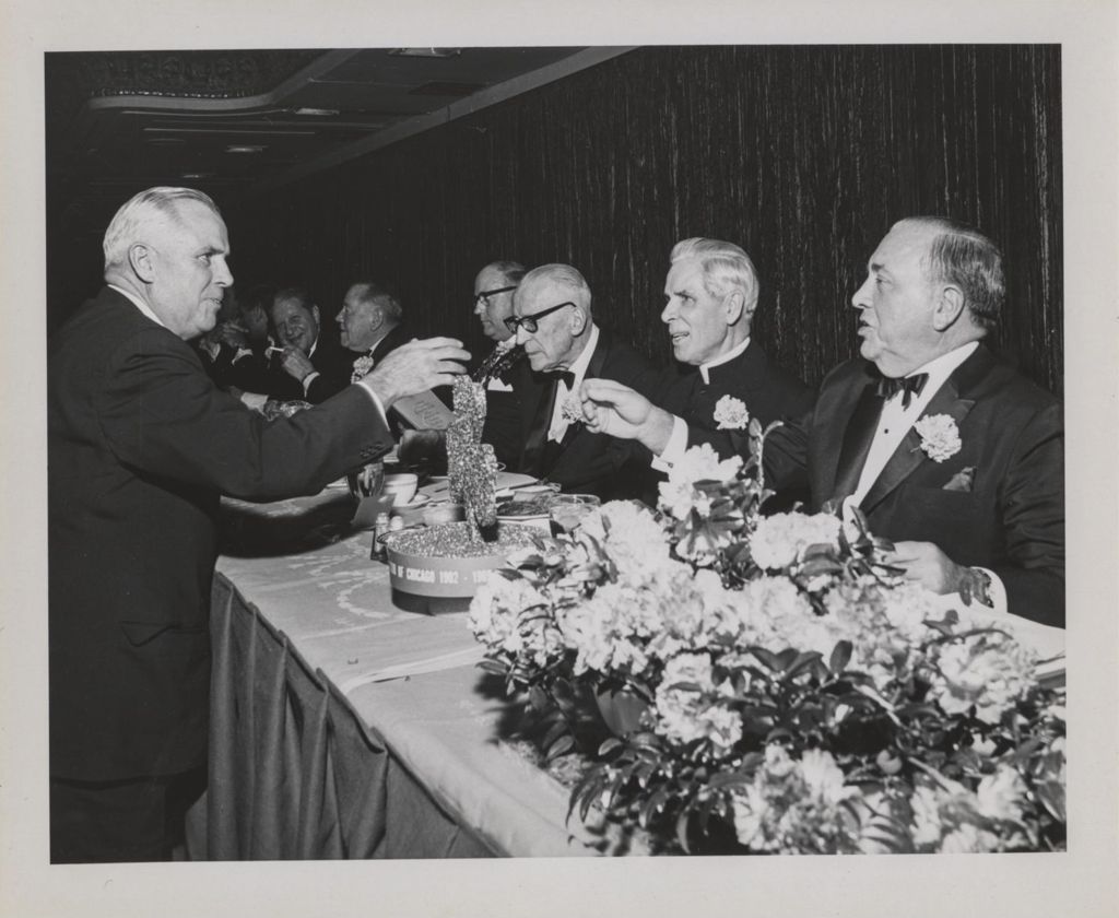 Irish Fellowship Club of Chicago 68th Annual Banquet, Richard J. Daley greets a man