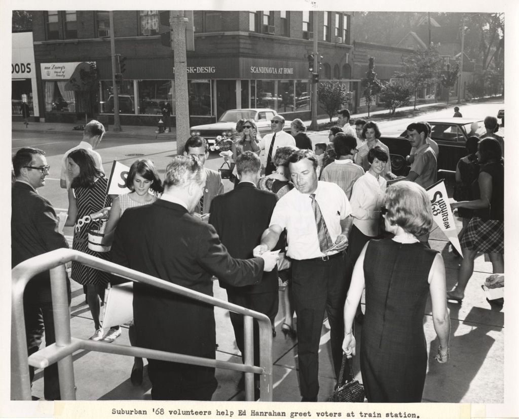 Ed Hanrahan and Suburban '68 volunteers greet voters