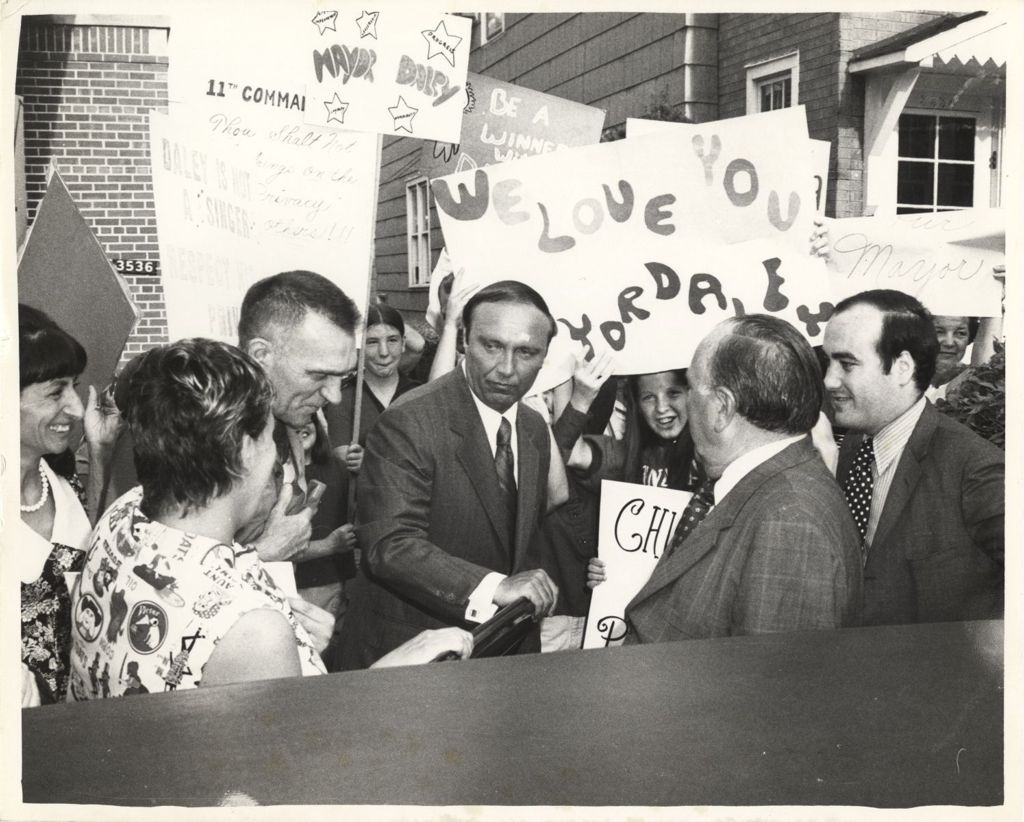 Miniature of Richard J. Daley and supporters outside his home