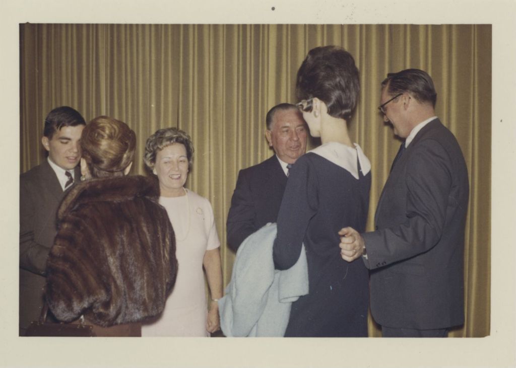 Fourth mayoral inauguration reception, John, Eleanor, and Richard J. Daley greeting guests
