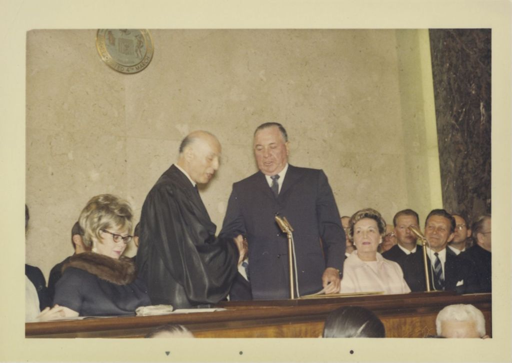 Miniature of Fourth mayoral inauguration, Richard J. Daley and Judge Marovitz shaking hands