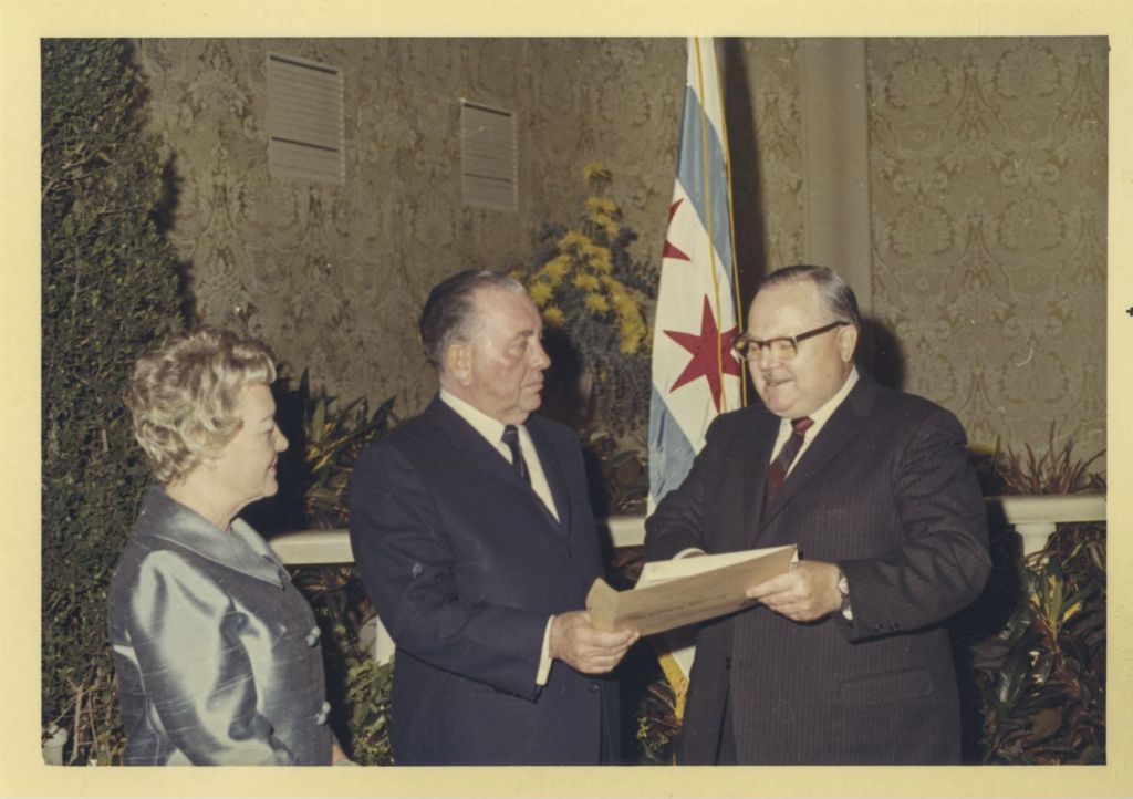 Foreign Consul Reception, Richard J. and Eleanor Daley with a man