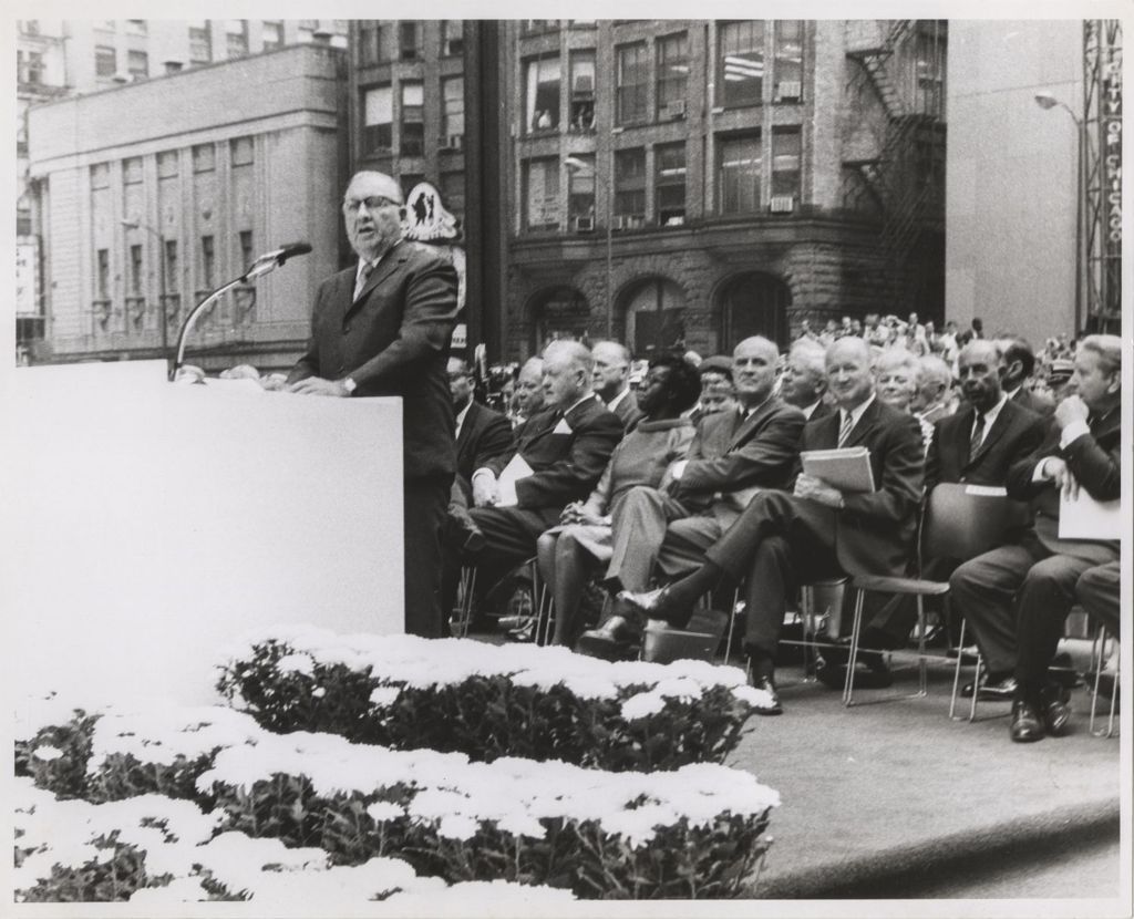 Miniature of Picasso sculpture dedication ceremony, Richard J. Daley giving a speech