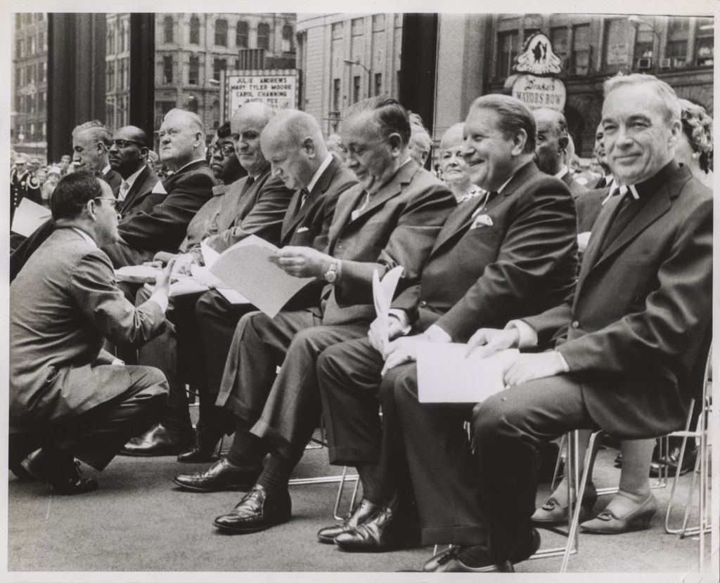 Miniature of Picasso sculpture dedication ceremony, Richard J. Daley with others