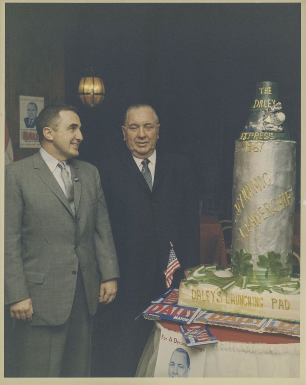 Miniature of Richard J. Daley next to the Daley Express campaign cake