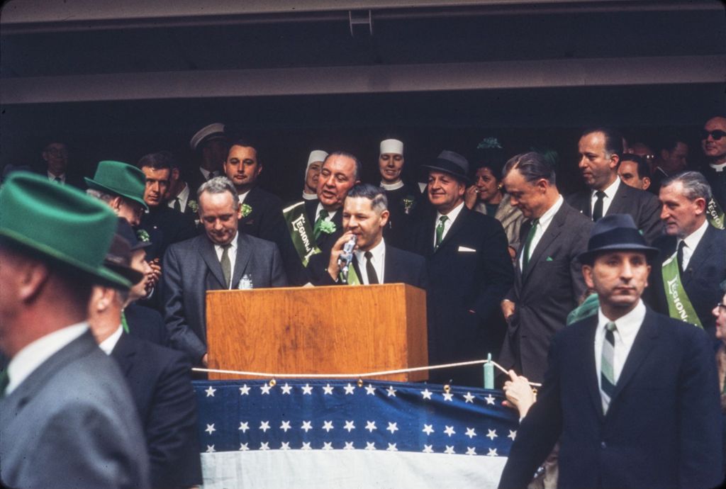 Miniature of St. Patrick's Day Parade in Chicago, 1966, Irish Consul speaking from Reviewing Stand