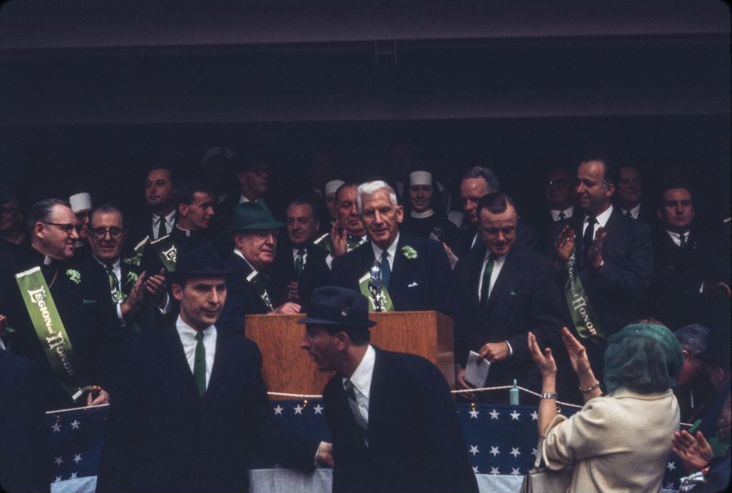 Miniature of St. Patrick's Day Parade in Chicago, 1966, Senator Douglas speaking from Reviewing Stand