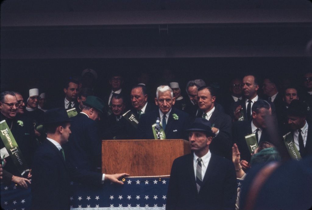 St. Patrick's Day Parade in Chicago, 1966, Senator Douglas speaking from Reviewing Stand