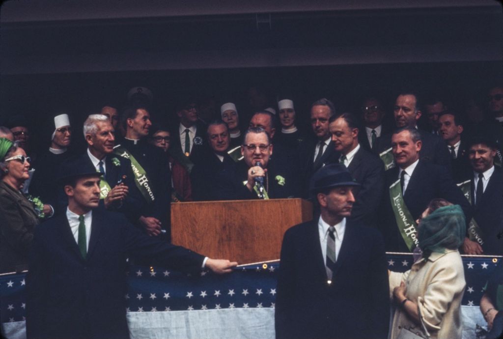 St. Patrick's Day Parade in Chicago, 1966, Cardinal Cody speaking from Reviewing Stand