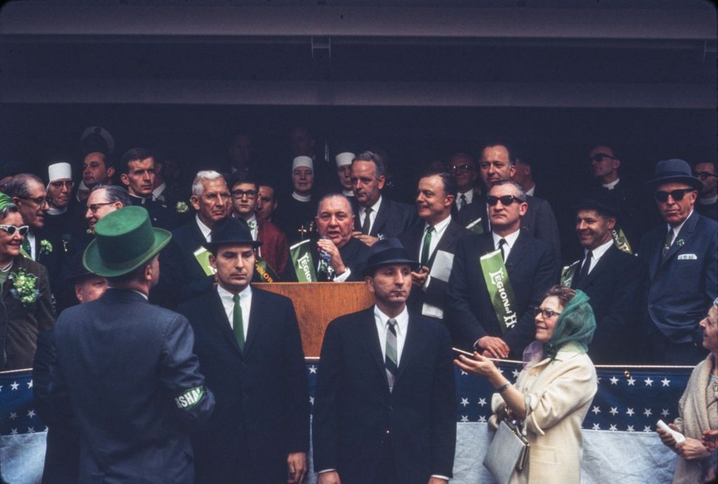 St. Patrick's Day Parade in Chicago, 1966, Richard J. Daley speaking on Reviewing Stand