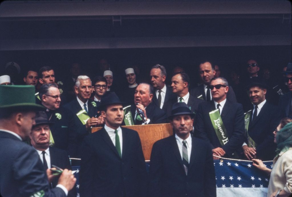 St. Patrick's Day Parade in Chicago, 1966, Richard J. Daley speaking on Reviewing Stand