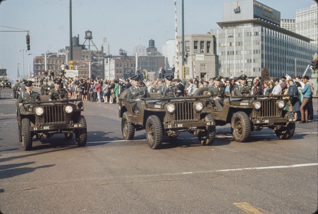 St. Patrick's Day Parade in Chicago, 1966, military officers in Jeeps