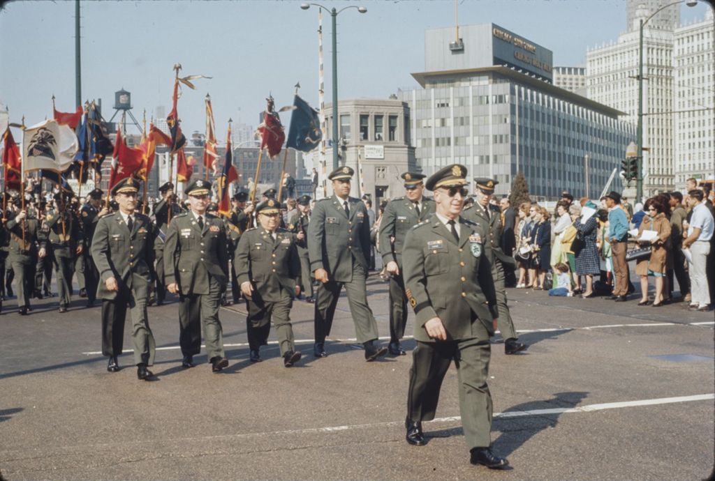 St. Patrick's Day Parade in Chicago, 1966, men in military uniform marching