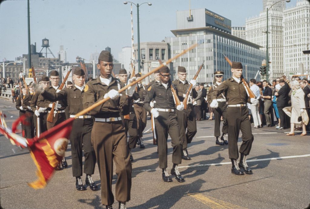 St. Patrick's Day Parade in Chicago, 1966, uniformed men marching