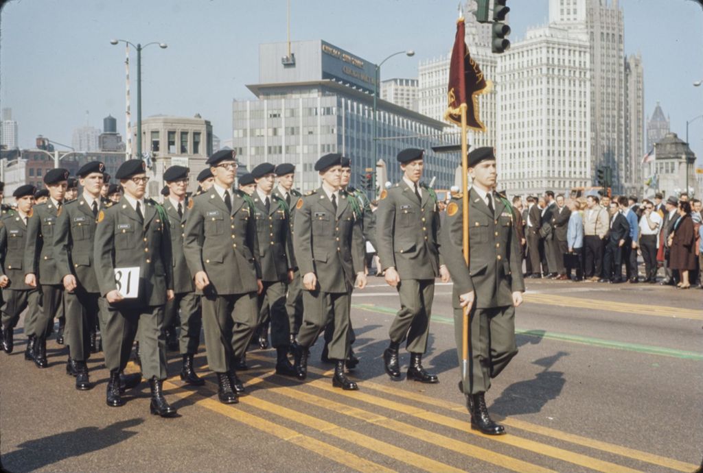 Miniature of St. Patrick's Day Parade in Chicago, 1966, men in military uniform marching